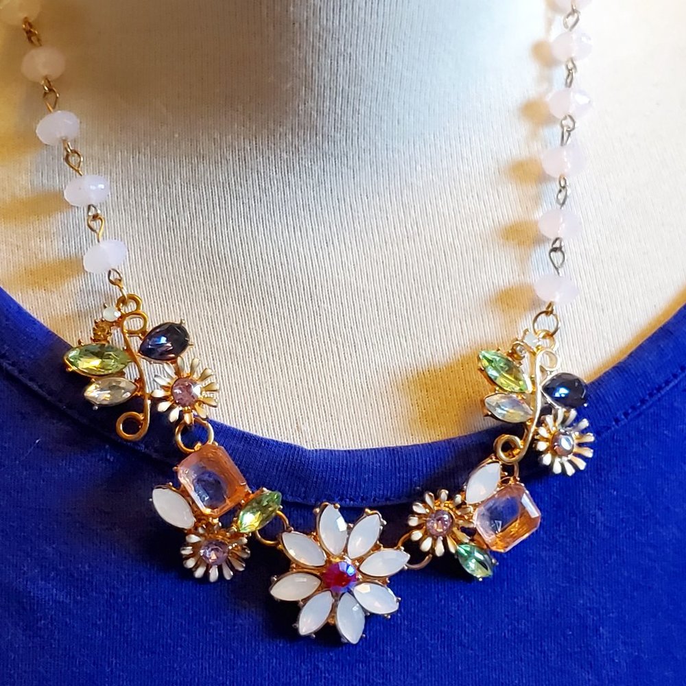 Gold Floral Statement Necklace with White and Multicolor Stones